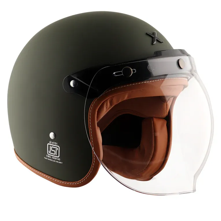 AXOR Retro Jet Leather Dull Battle Green Half Face Helmet