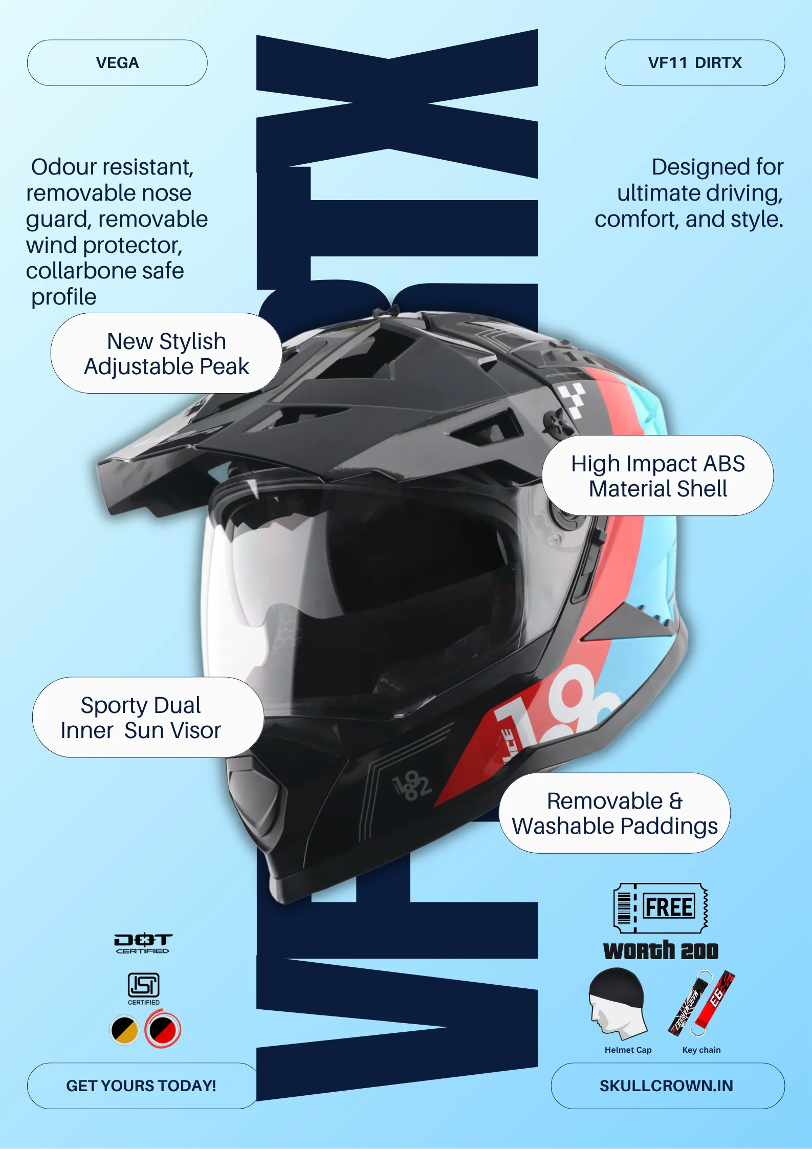 Vega VF-11 Dirt-X Aircraft Black Red Off Road Helmet